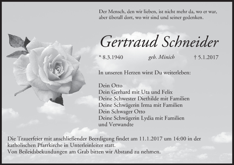 Traueranzeige für Gertraud Schneider vom 09.01.2017 aus MGO
