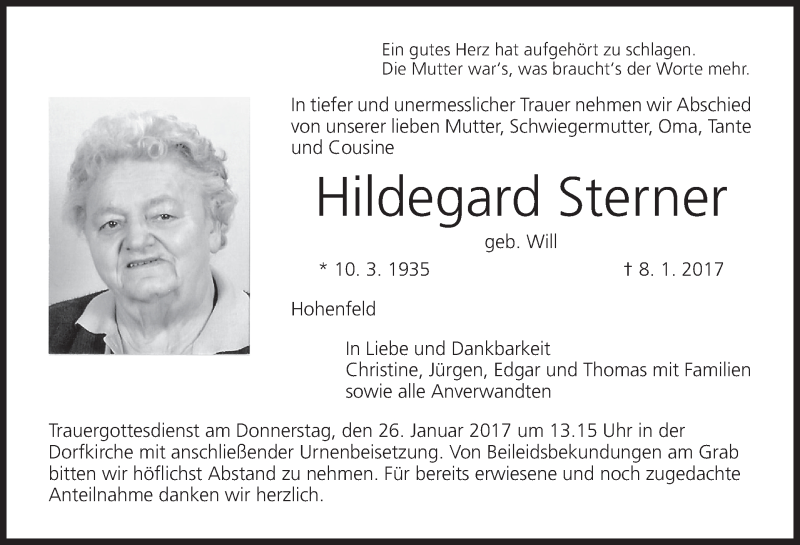 Traueranzeige für Hildegard Sterner vom 23.01.2017 aus MGO