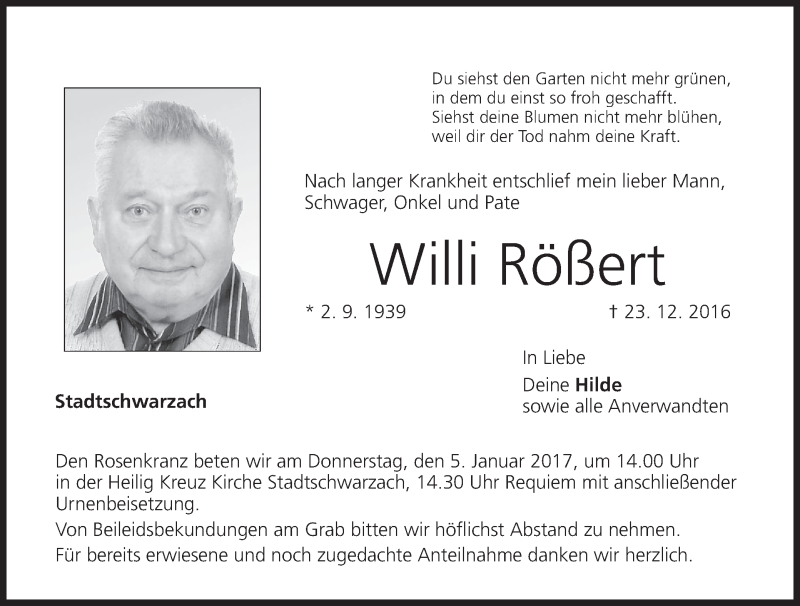  Traueranzeige für Willi Rößert vom 02.01.2017 aus MGO