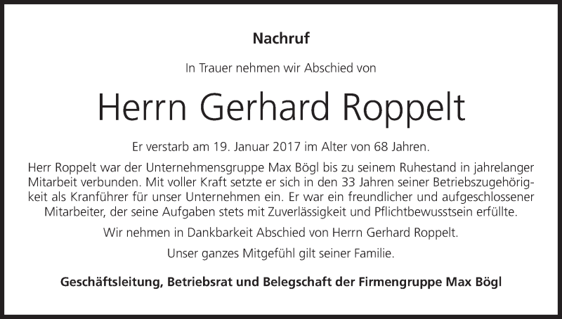  Traueranzeige für Gerhard Roppelt vom 28.01.2017 aus MGO