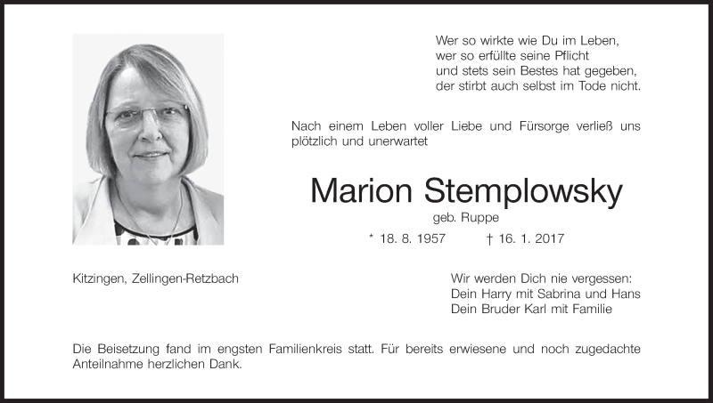  Traueranzeige für Marion Stemplowsky vom 21.01.2017 aus MGO