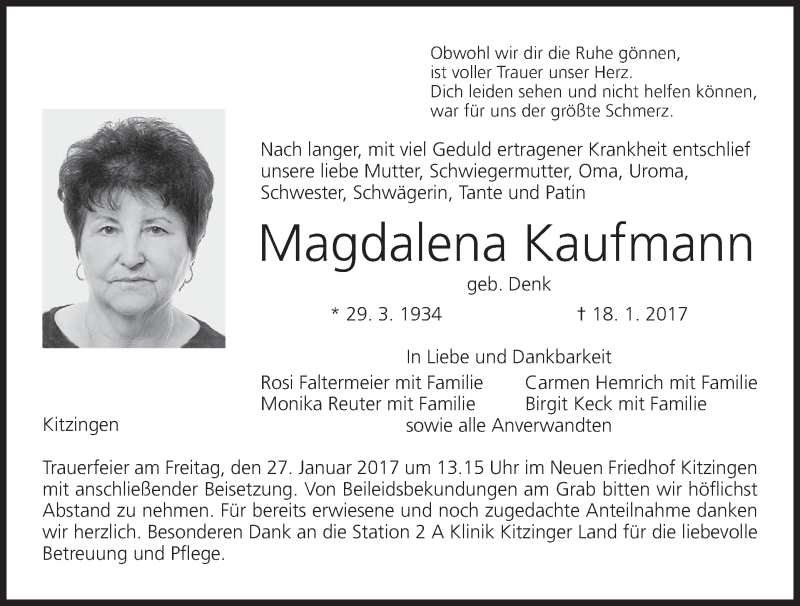  Traueranzeige für Magdalena Kaufmann vom 24.01.2017 aus MGO