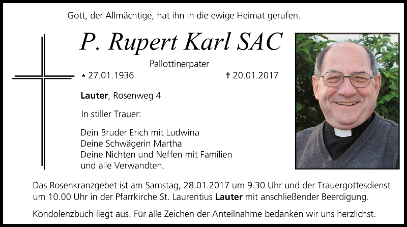  Traueranzeige für P. Rupert Karl vom 25.01.2017 aus MGO