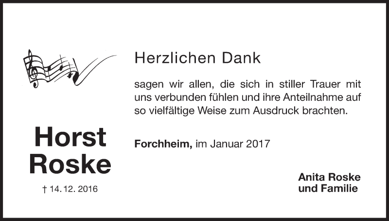  Traueranzeige für Horst Roske vom 21.01.2017 aus MGO