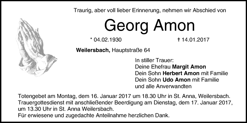  Traueranzeige für Georg Amon vom 16.01.2017 aus MGO