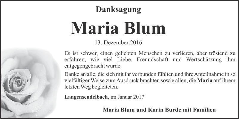  Traueranzeige für Maria Blum vom 06.01.2017 aus MGO