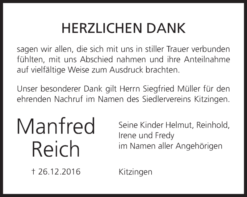  Traueranzeige für Manfred Reich vom 07.01.2017 aus MGO