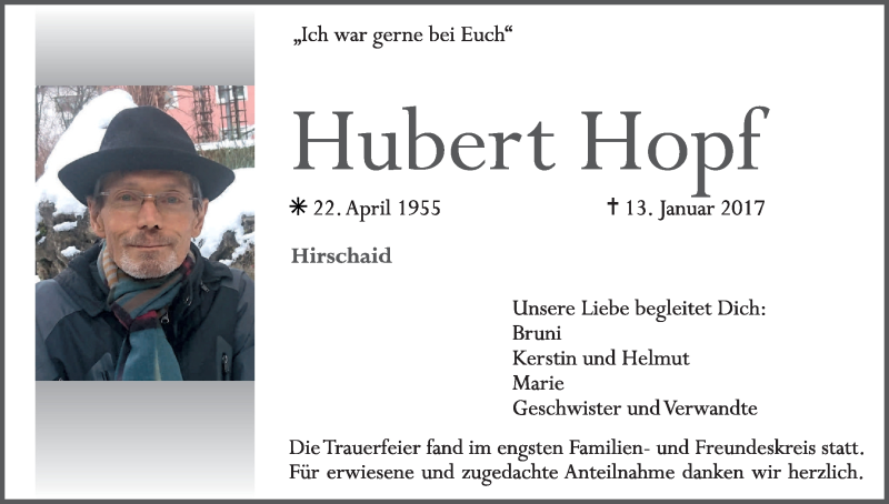  Traueranzeige für Hubert Hopf vom 21.01.2017 aus MGO