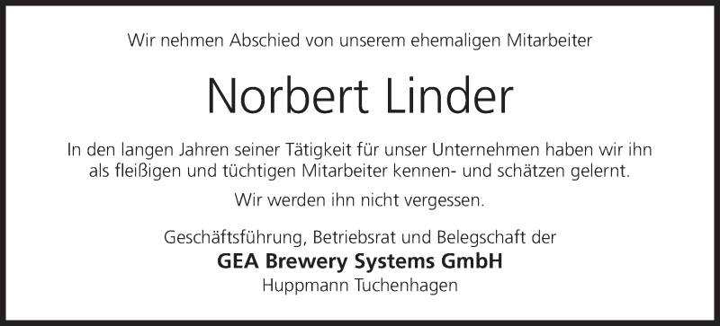  Traueranzeige für Norbert Linder vom 17.01.2017 aus MGO