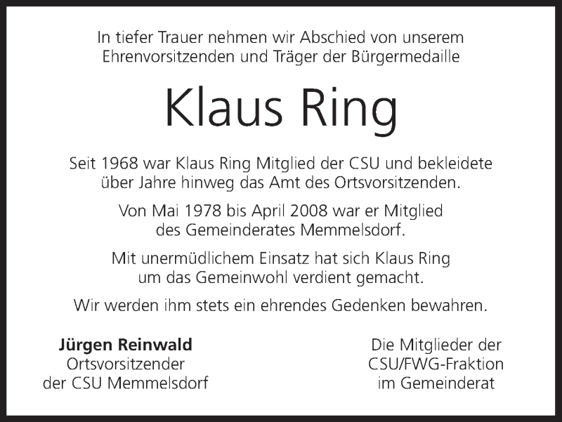  Traueranzeige für Klaus Ring vom 03.01.2017 aus MGO