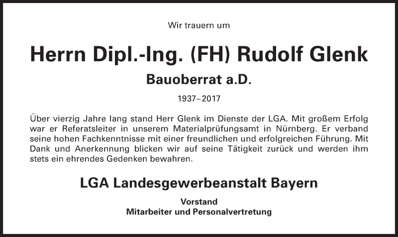  Traueranzeige für Rudolf Glenk vom 14.01.2017 aus MGO