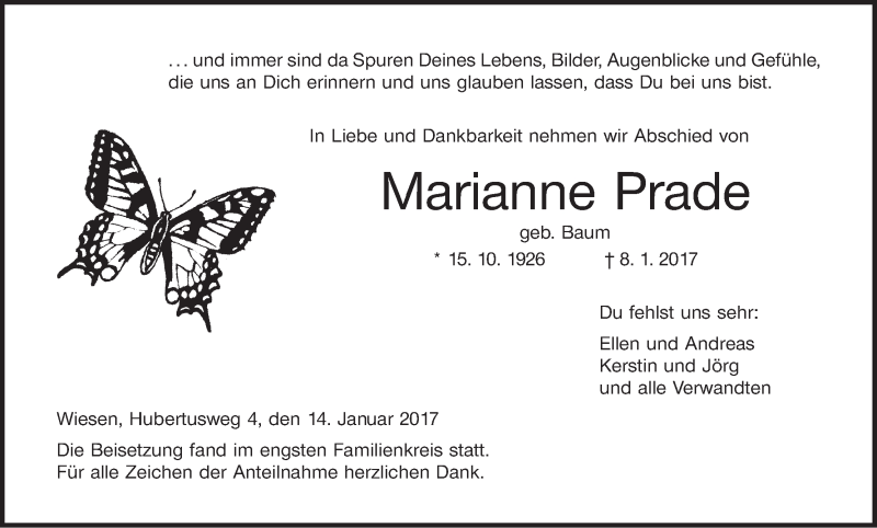  Traueranzeige für Marianne Prade vom 17.01.2017 aus MGO