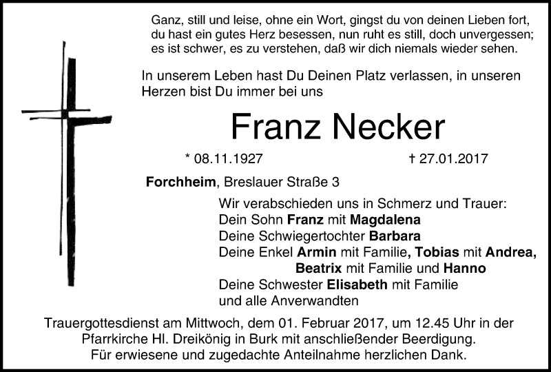  Traueranzeige für Franz Necker vom 30.01.2017 aus MGO