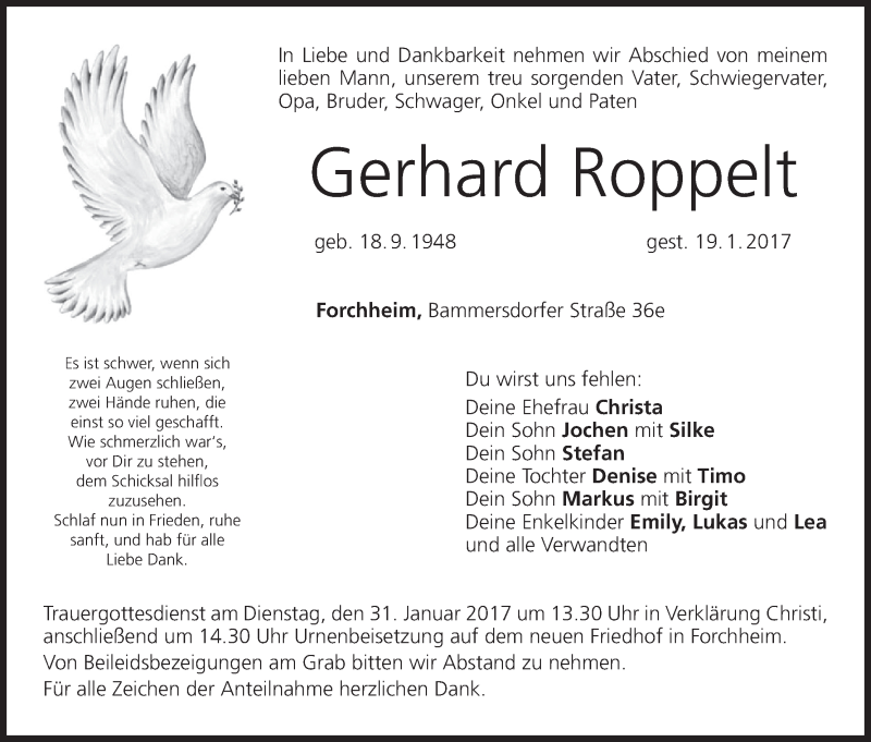  Traueranzeige für Gerhard Roppelt vom 28.01.2017 aus MGO