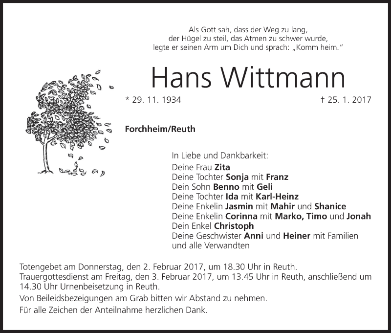  Traueranzeige für Hans Wittmann vom 31.01.2017 aus MGO