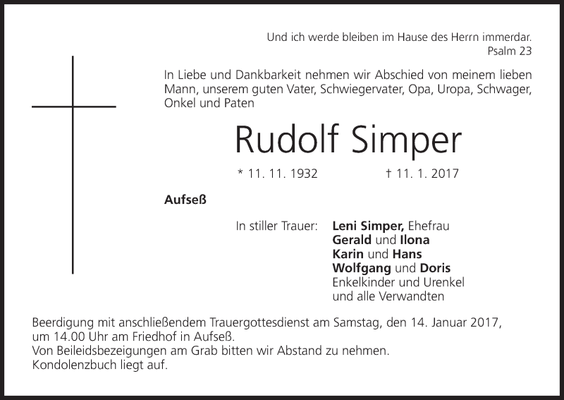  Traueranzeige für Rudolf Simper vom 13.01.2017 aus MGO