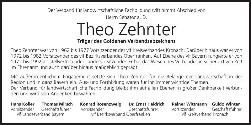  Traueranzeige für Theo Zehnter vom 28.01.2017 aus MGO