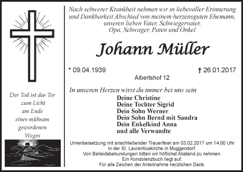  Traueranzeige für Johann Müller vom 31.01.2017 aus MGO