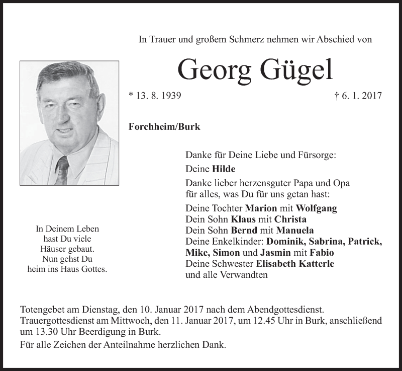  Traueranzeige für Georg Gügel vom 09.01.2017 aus MGO