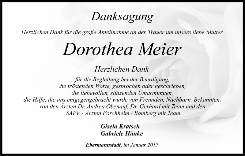  Traueranzeige für Dorothea Meier vom 06.01.2017 aus MGO