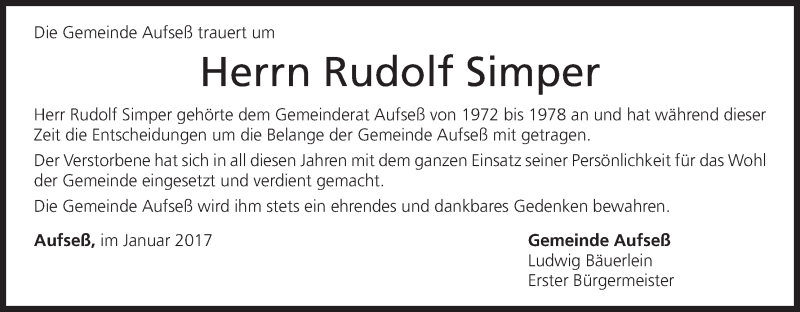  Traueranzeige für Rudolf Simper vom 13.01.2017 aus MGO