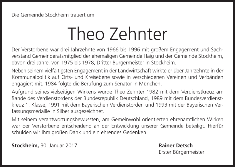 Traueranzeige für Theo Zehnter vom 30.01.2017 aus MGO