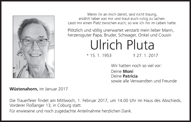  Traueranzeige für Ulrich Pluta vom 30.01.2017 aus MGO