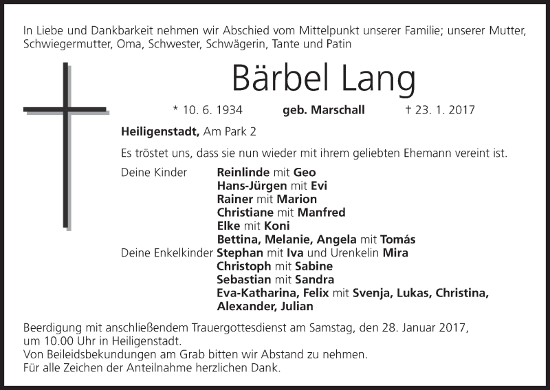  Traueranzeige für Bärbel Lang vom 26.01.2017 aus MGO