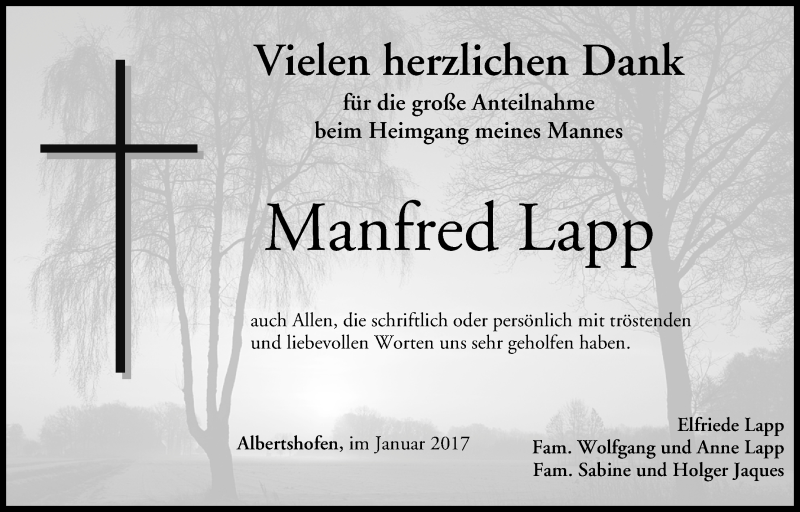  Traueranzeige für Manfred Lapp vom 28.01.2017 aus MGO