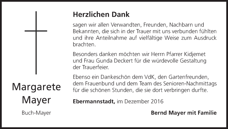  Traueranzeige für Margarete Buch-Mayer vom 06.01.2017 aus MGO
