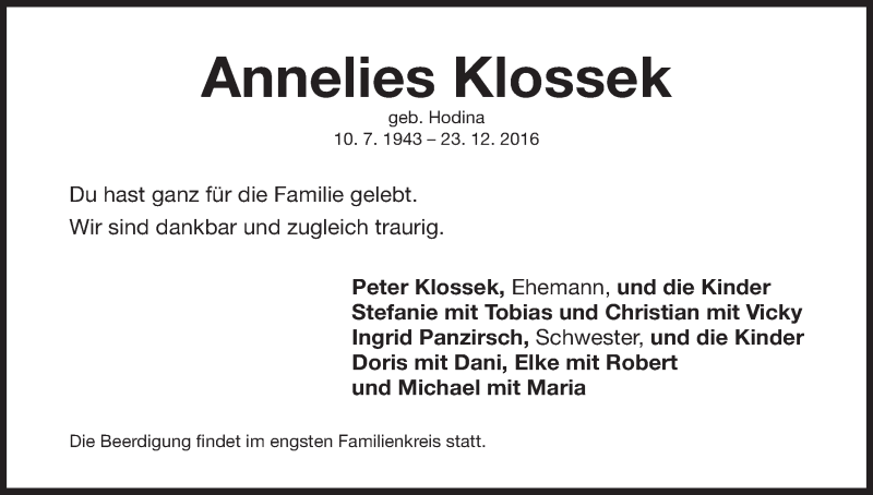  Traueranzeige für Annelies Klossek vom 04.01.2017 aus MGO