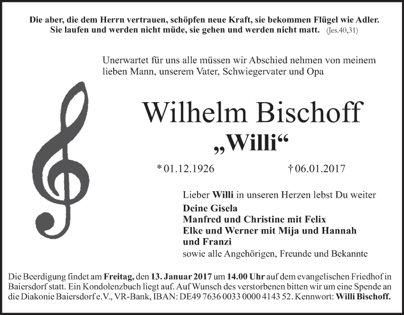  Traueranzeige für Wilhelm Bischoff vom 11.01.2017 aus MGO