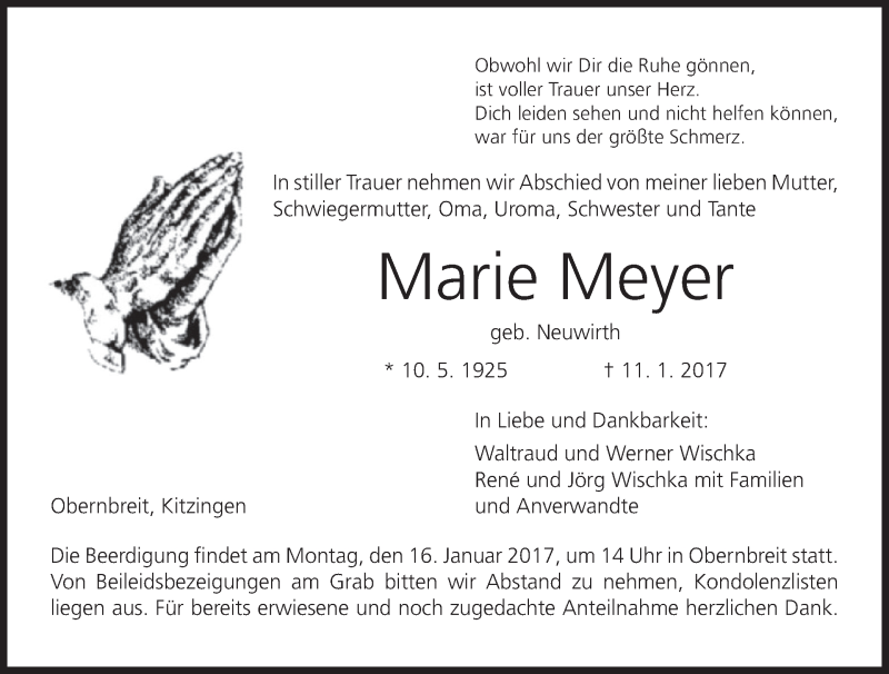  Traueranzeige für Marie Meyer vom 13.01.2017 aus MGO