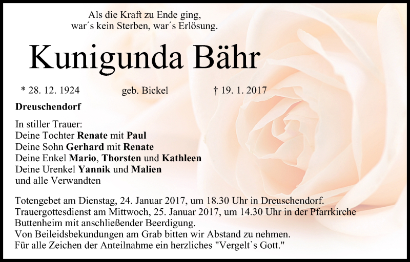  Traueranzeige für Kunigunda Bähr vom 21.01.2017 aus MGO