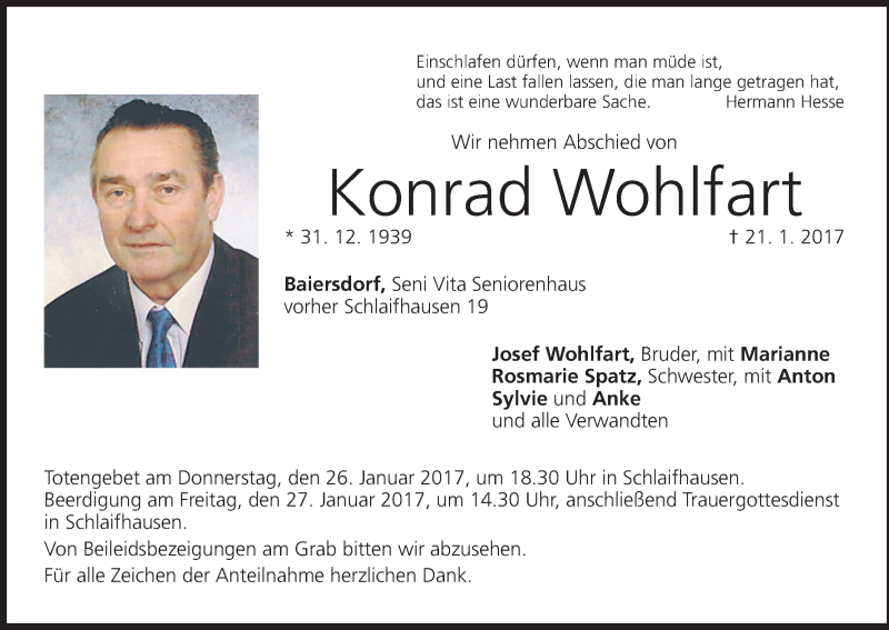  Traueranzeige für Konrad Wohlfart vom 24.01.2017 aus MGO