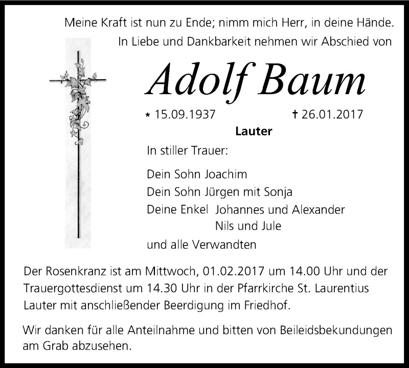  Traueranzeige für Adolf Baum vom 30.01.2017 aus MGO