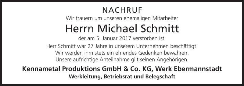  Traueranzeige für Michael Schmitt vom 12.01.2017 aus MGO