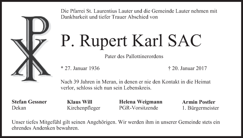  Traueranzeige für P. Rupert Karl vom 25.01.2017 aus MGO