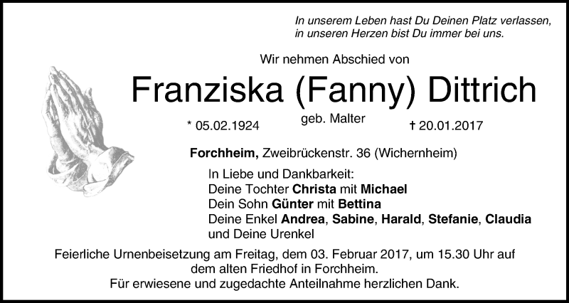  Traueranzeige für Franziska Dittrich vom 31.01.2017 aus MGO