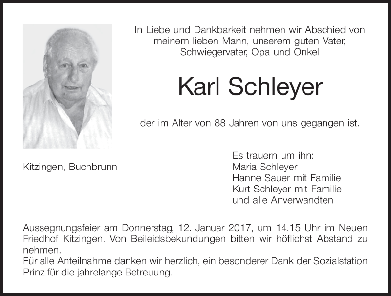  Traueranzeige für Karl Schleyer vom 10.01.2017 aus MGO
