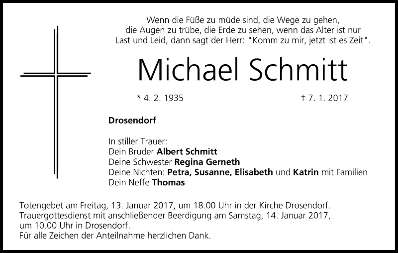  Traueranzeige für Michael Schmitt vom 10.01.2017 aus MGO