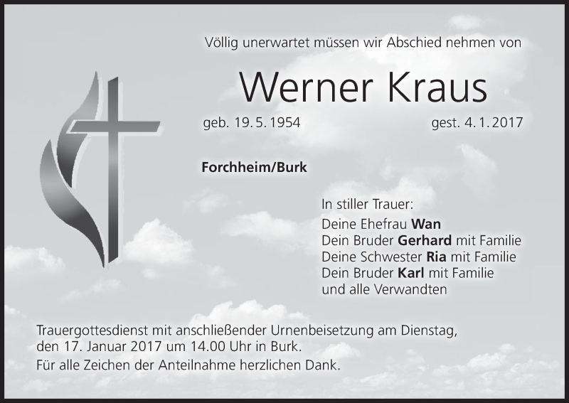  Traueranzeige für Werner Kraus vom 11.01.2017 aus MGO