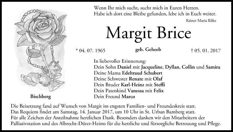  Traueranzeige für Margit Brice vom 12.01.2017 aus MGO