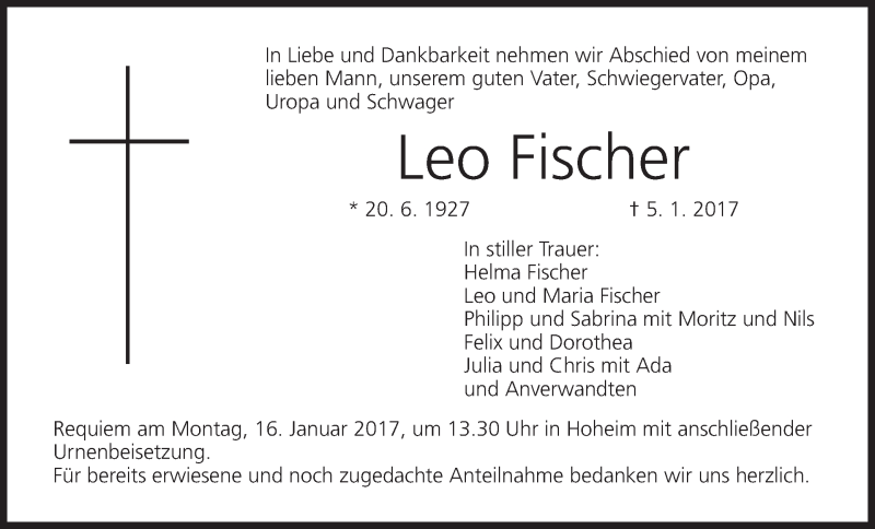  Traueranzeige für Leo Fischer vom 14.01.2017 aus MGO