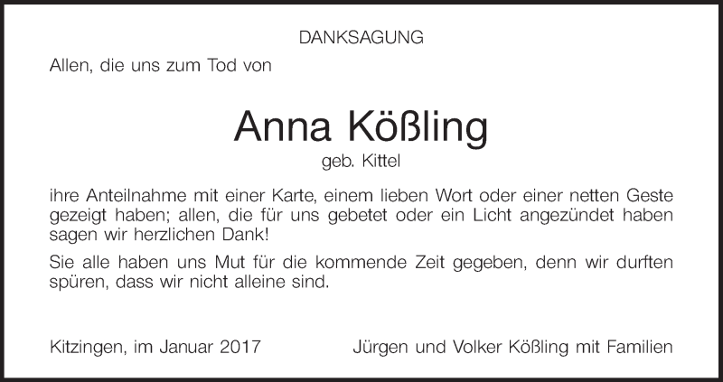  Traueranzeige für Anna Kößling vom 14.01.2017 aus MGO