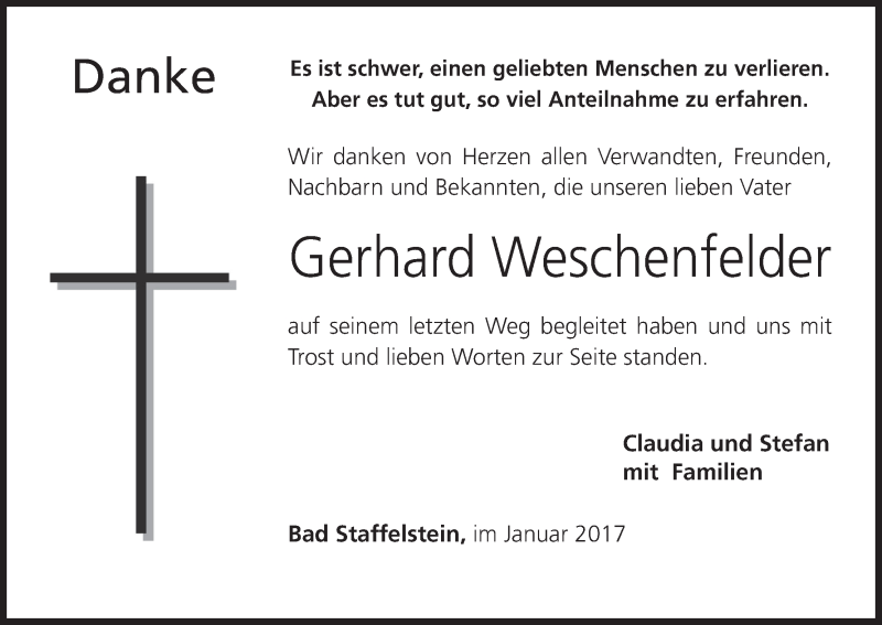  Traueranzeige für Gerhard Weschenfelder vom 14.01.2017 aus MGO