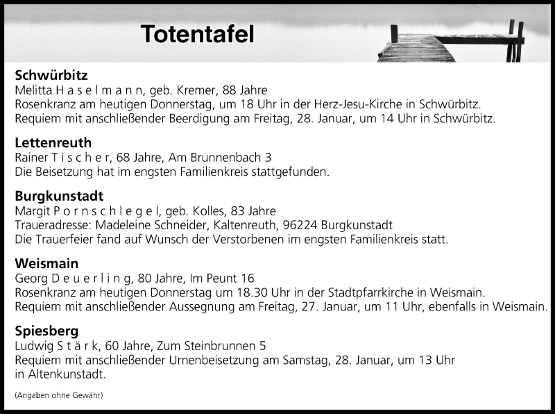  Traueranzeige für Totentafel vom 26.01.2017 vom 26.01.2017 aus MGO