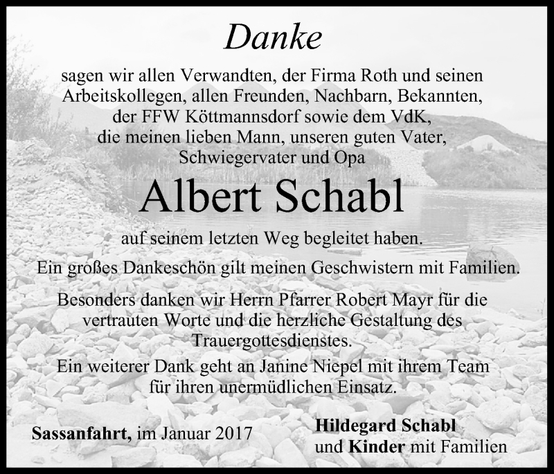  Traueranzeige für Albert Schabl vom 21.01.2017 aus MGO