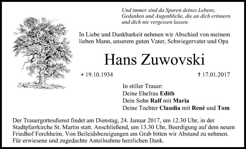  Traueranzeige für Hans Zuwovski vom 21.01.2017 aus MGO