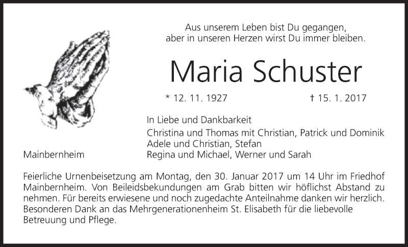  Traueranzeige für Maria Schuster vom 25.01.2017 aus MGO